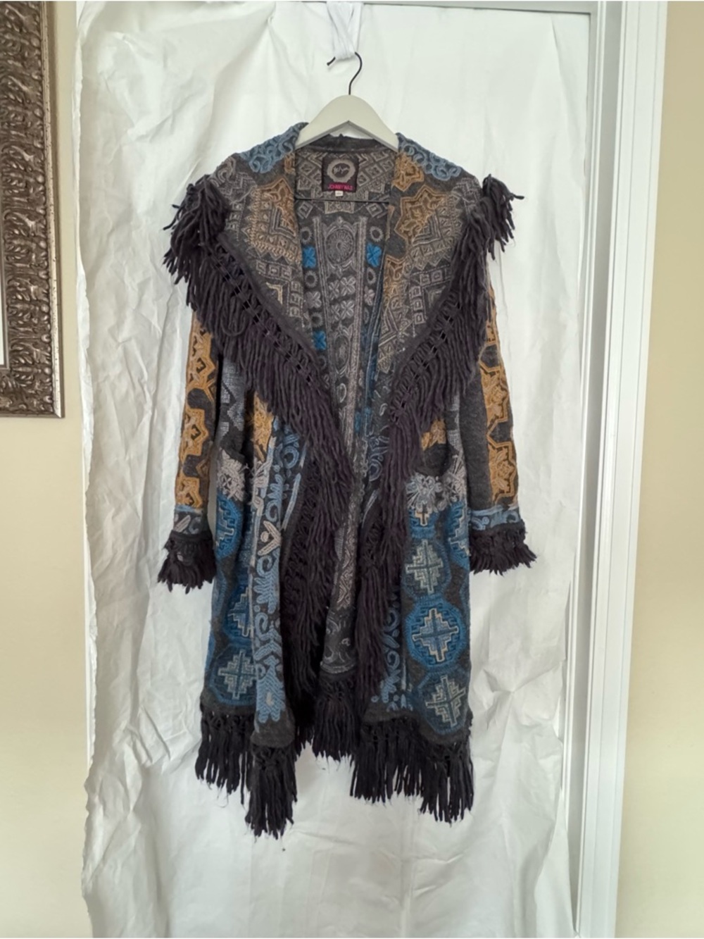 Johnny Was-Biya-Multicolor Fringe Open-Front Knit Embroidered Cardigan